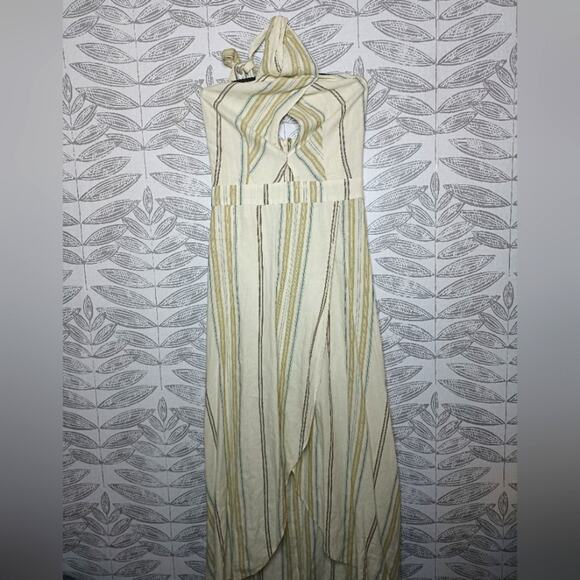 Happy X Nature Dress Linen Blend Cream Striped Halter Maxi Hi Lo NEW Kate Hudson - Picture 1 of 10